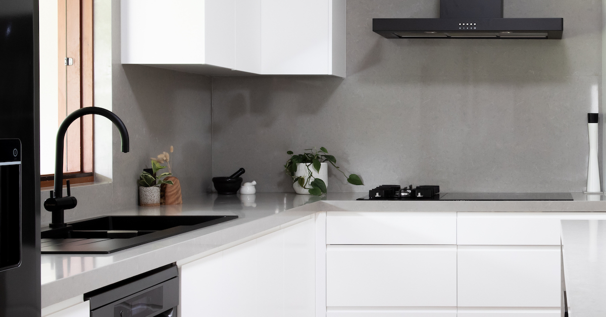 Picture of kitchen featuring Alpine Grey on benchtop and splashback